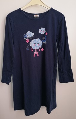 Nachthemd Sleep-Shirt Langarm Gr. 122-128, Länge 63 cm Dunkel-Blau, Wolken-Print