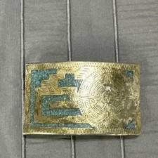 Belt Buckle Silver Toned And Turquoise Mexican Style Vintage