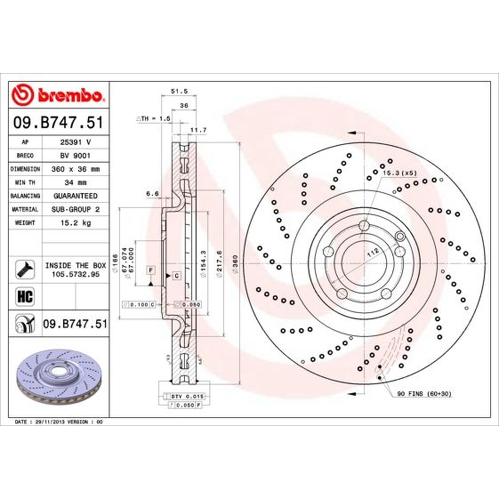 BREMBO UV Coated Brake Disc - Drilled - Front Axle - Fits Mercedes - 09.B747.51