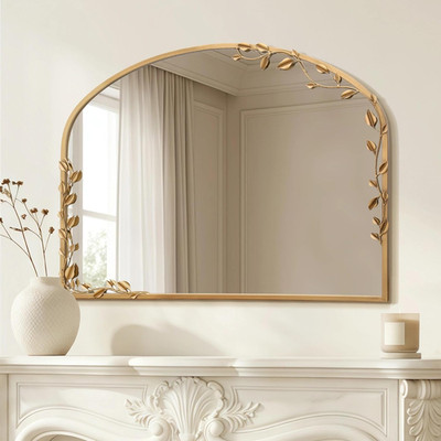 Large Brass Gold Arched Wall Mirror - 40''x30'' Decorative Metal Frame