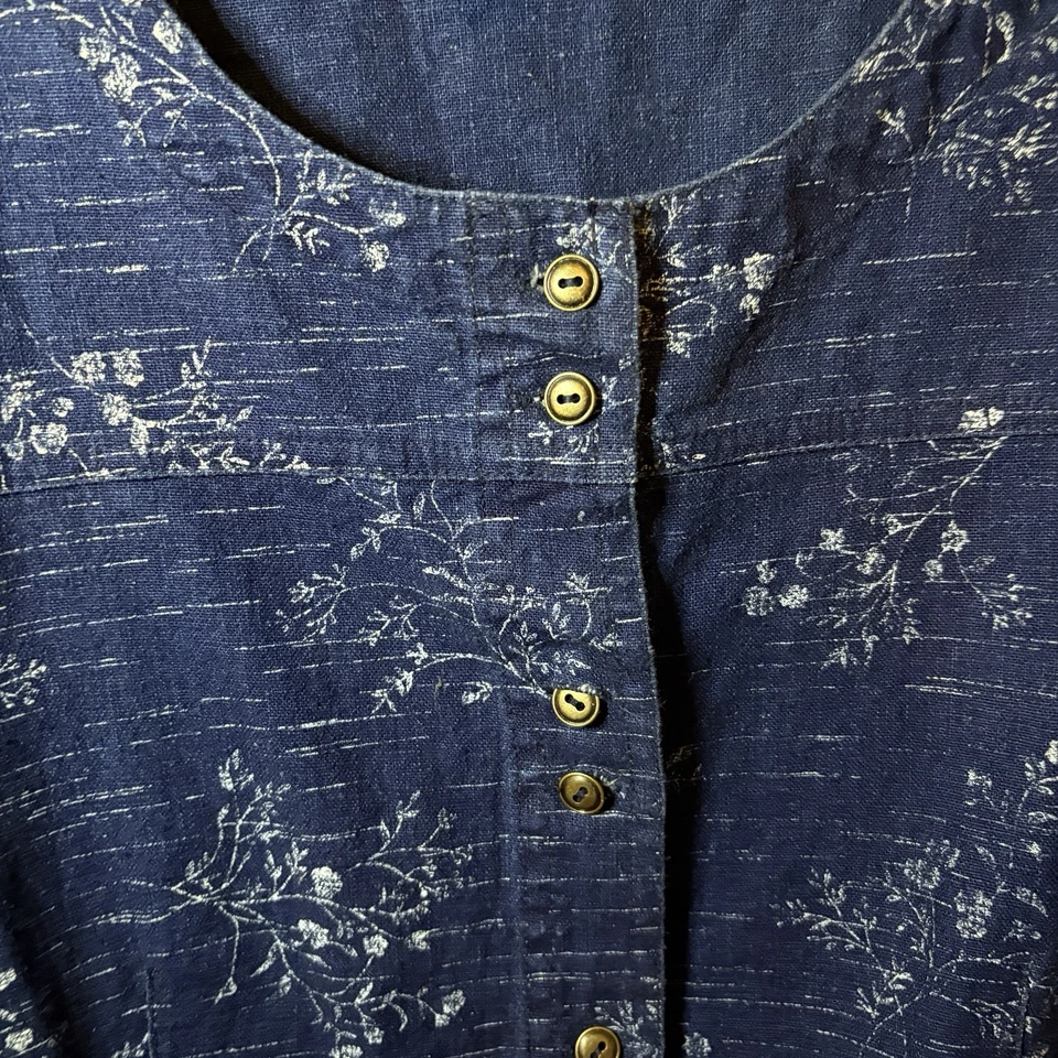 Blusa Vintage REQUISITOS Azul Floral Lino Algodón Talla L Manga Corta Foto 2 de 4