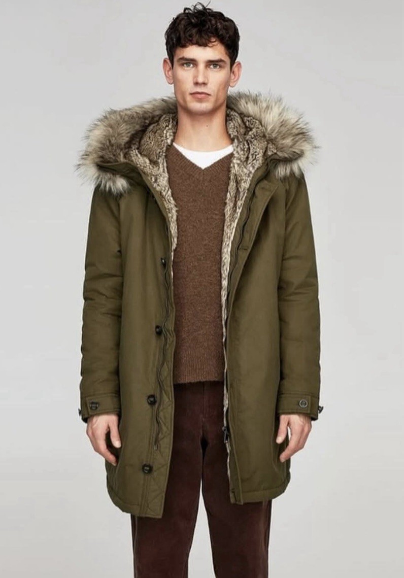 ZARA MAN　モッズコートファー付 リフレクターカーキ NWT Zara Man Mens Faux Fur Lined Parka Coat Jacket Army Green Sz