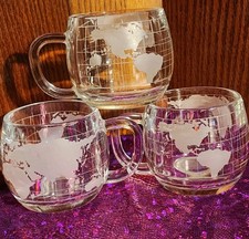 SET OF 3-- Vintage Nestle' Etched Clear Glass World Globe/Map Coffee Mugs Cups