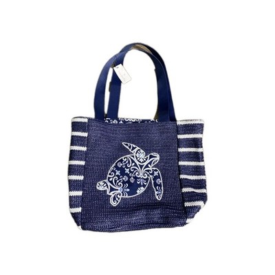 Vera Bradley Straw Tote Steel Blue Medallion Navy White Turtle