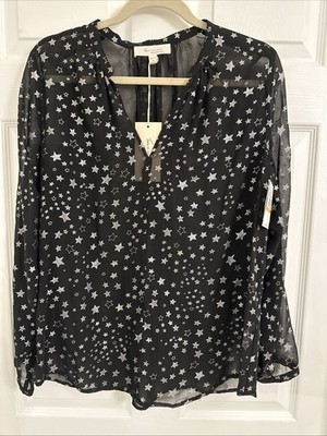 Two By Vince Camuto Sheer Black Silver Star Power Print V Neck Blouse Size S NWT