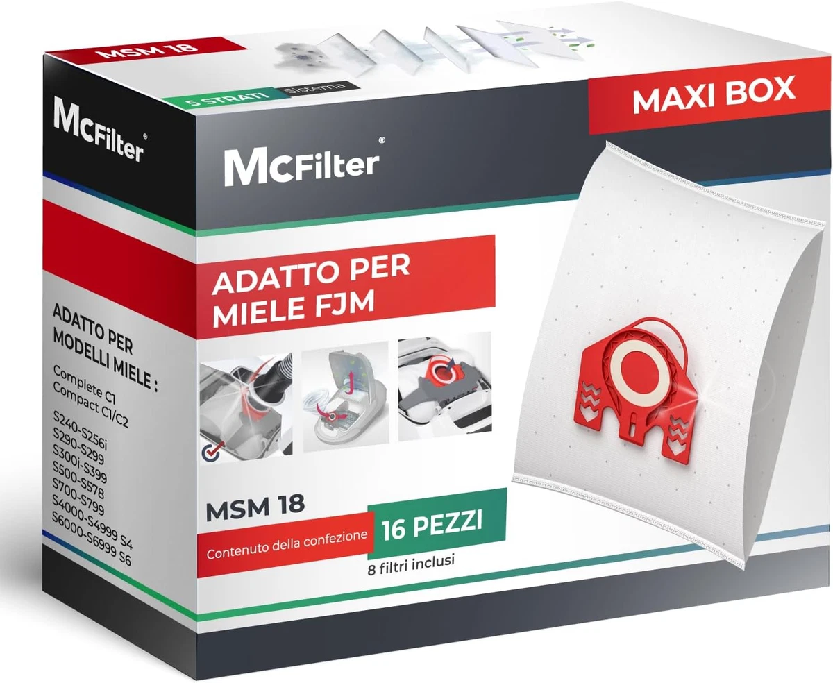 VACS 16 Sacchetti Per Aspirapolvere In Tessuto Non Tessuto 5 Strati Per Miele Parquet 2000, Con 4 Filtri Motore, Antibatterici, Capacità Extra