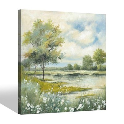 Color Play Lake Landscape Canvas Wall Art: Modern Forest Tree Painting Artwor...