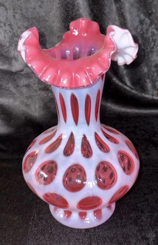Fenton Vase Cranberry Pink Opalescent Coin Dot 10 1/2" Vintage 1947-1964