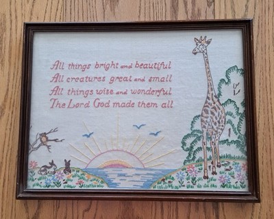 Vtg ''All Things Bright and Beautiful'' Framed Embroidered Picture Sunrise Giraffe