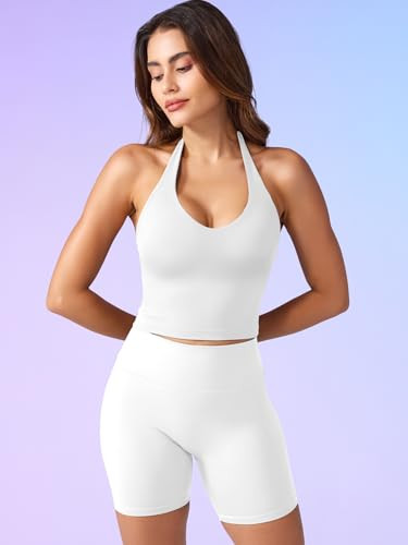 Women's Halter Crop Top V Neck Workout Going Out Tank Top Hazel Medium White - Picture 6 of 7
