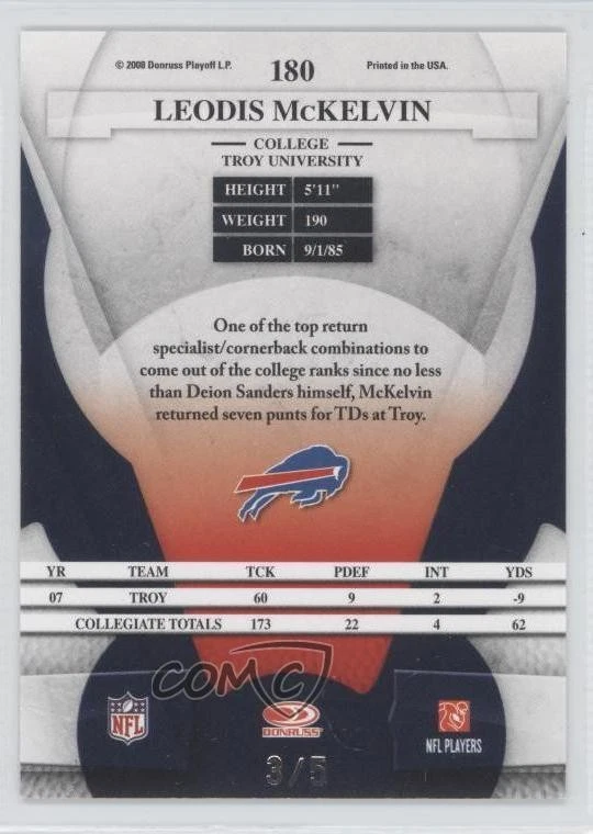 2008 Leaf Certified Materials Mirror Emerald /5 Leodis McKelvin #180 Rookie RC - Image 2 of 2