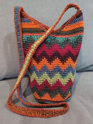 Crocheted Knit Multicolor Chevron Hobo Style Crossbody/Shoulder Bag