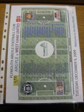 09/12/2009 Plymouth Argyle U18 v West Ham United U18 [FA Youth Cup] (Single shee