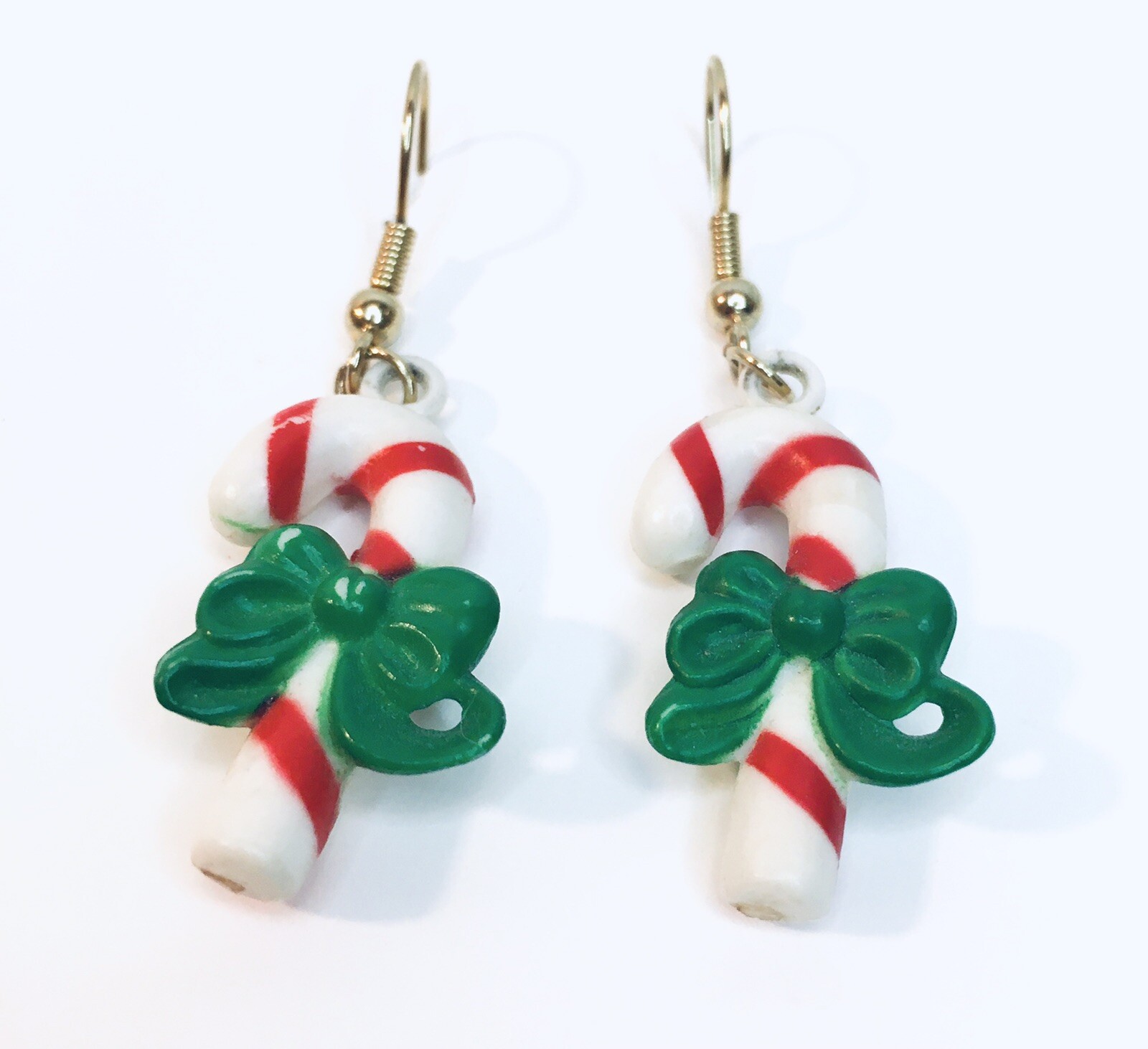Vintage Christmas Candy Cane Dangle Earrings Red White Green Bow