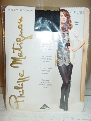 Philippe Matignon Black Opaque Tights Rhombus Pattern Diamants Italy-3-M-NIP NEW