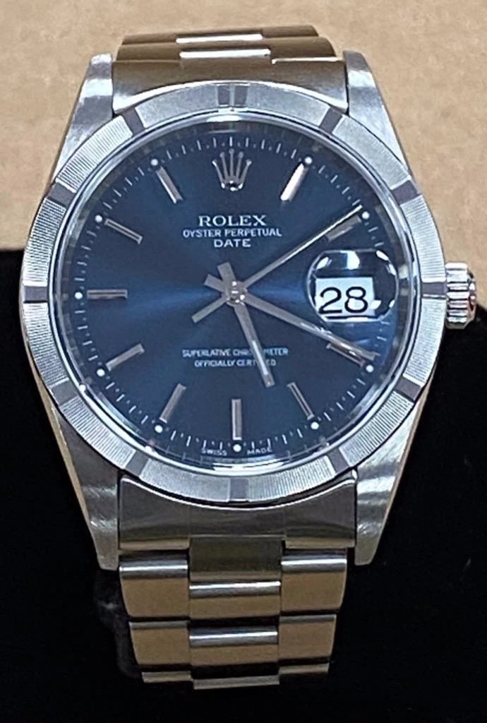 Krympe Bliv sur blomst ROLEX OYSTER PERPETUAL DATE BLUE DIAL REF. 15210 SS 34mm AUTOMATIC WATCH. |  eBay