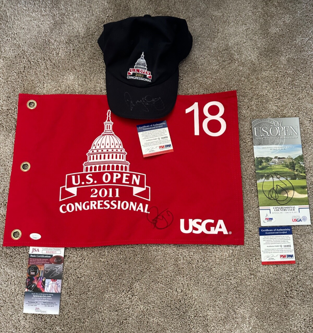 Rory McIlroy Autographed Signed 2011 US Open AUTO FLAG JSA + HAT PSA + MAG -SUNDAY PSA 