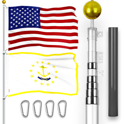 20Ft Telescoping Flagpole SV & American and Rhode Island Flags Emb 300D 3x5Ft