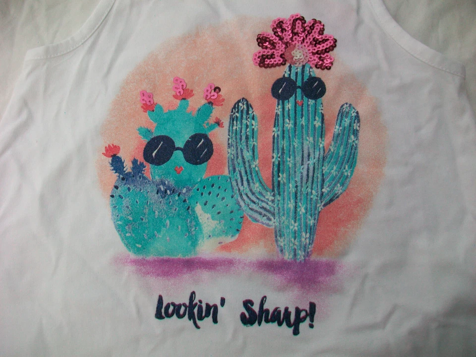 Gymboree Tank Top Lookin Sharp Sz 5 6 White Sequin Cactus Accent Applique Hi Low - Image 2 of 4