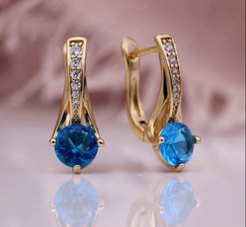 14k Yellow Gold Plated 2 Ct Round Cut Simulated Blue Topaz Clip On Drop Earrings - Picture 4 of 7