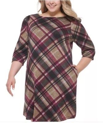 Jessica Howard Plus MultiPlaid Fully Lined 3/4 Sleeve ALine Dress 1X w/Pockets