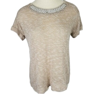 LAVISH Womens Large Brown White Stretch Embellished Neck Line Knit Top