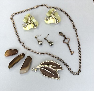 Vintage Estate Jewelry Lot: SARAH COV Brooch Copper Agate Sterling Pearl (18E)