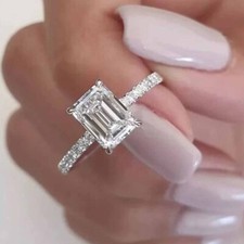 9x7mm Emerald Cut Moissanite Hidden Halo Engagement Ring 14k White Gold Plated