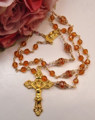 Handmade, Unbreakable Anglican Rosary, Topaz Czech Crystal w Gold Tone Cross