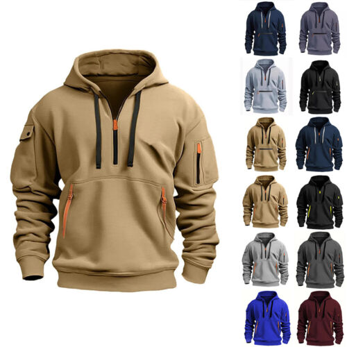 Mens Cargo Combat Hoodie Long Sleeve Half Zip Sport Army Tactical Sweatshirt Top