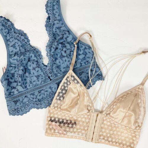 New VICTORIA’S SECRET Size SMALL Lot Of 2: Tan & Blue LACE BRALETTE Bras