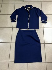 Vintage Knits By Tally Wool Cardigan Skirt Sweater Set Blue White Collared SZ 16
