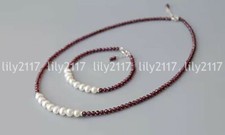 Brazalete Collar Perla Agua Dulce Blanca Granate Rojo Facetado Natural 4mm 6-7mm