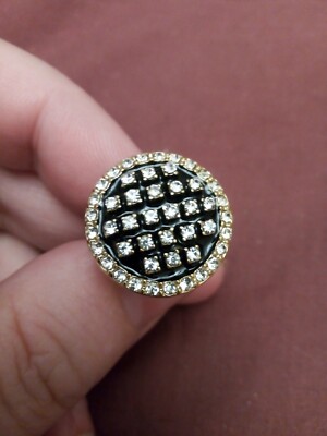 Black Enamel And Clear Crystal Lattice Gold Plated Ring Adjustable