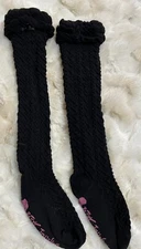 Vintage Betsey Johnson Pointelle Knit Socks Over The knee Black Ruffle Bow RARE