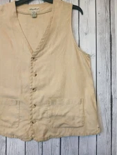 Eddie Bauer Womens  Linen Button Down Vest Medium V-Neckline Pockets Beige VTG. 