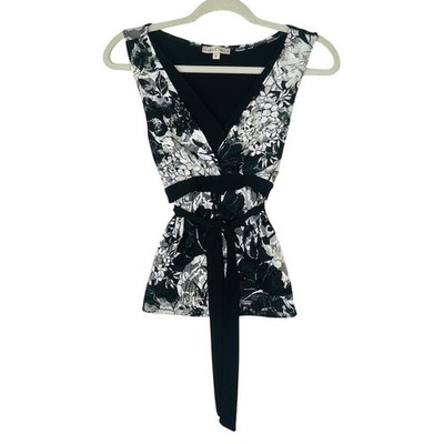 Moa Moa Womens Black White Floral Lace V-Neck Sleeveless Tie Waist Blouse Medium
