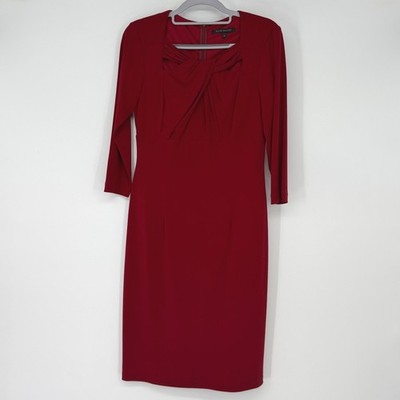 David Meister Red Sheath Dress Ruched Neck 3/4 Sleeve Cocktail Size 4 Party