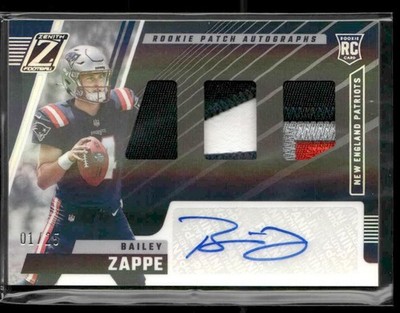 2022 Zenith Bailey Zappe Rookie Patch Autographs Silver 1/25 Tri Color Patch!