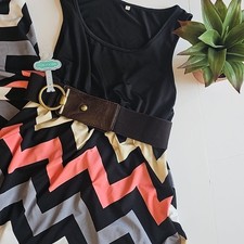 Chevron Patterned Maxi Dress Womens XL Black Coral Gray Layering Versatile EUC