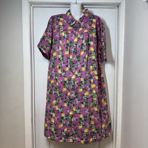 NWT National House Patio Dress 1X Pink Lemon Fruit Muumuu Pearl Snap Robe