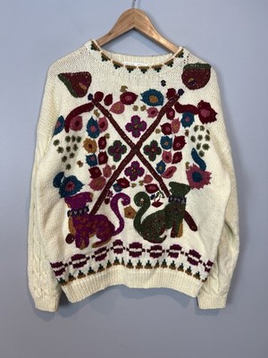 I.V.Y Hand Knit Sweater Womens Size Medium Cats and Floral Cream Vtg