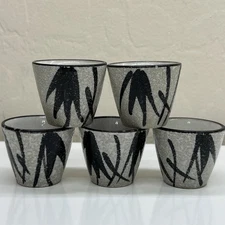 Vintage 5 Pcs Japan Stoneware Sake Cups/ Shot Glasses Bamboo Floral Grey + Blue