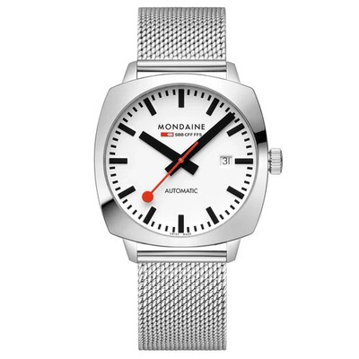 Mondaine Cushion Herrenuhr MSL.3961B.SM weißes Zifferblatt Edelstahlband 100M