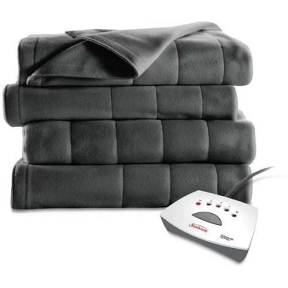 Sunbeam Heated Blanket 5 Heat Settings, Fleece, Grey, Twin