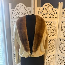 Elegant Barton Vintage Cream Cashmere Cardigan with Brown Fur Collar Sz S/M