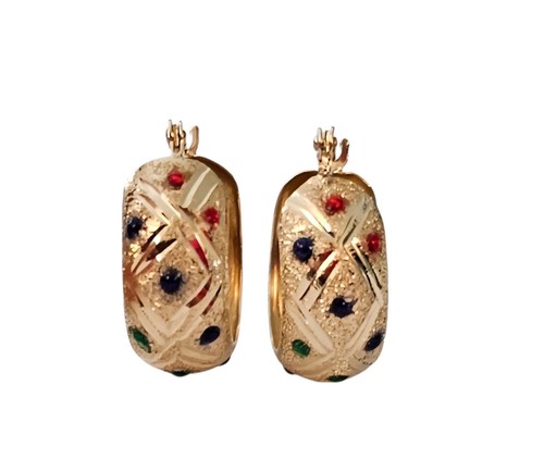 14K Yellow Gold Hoops Multi-Color Enamel Dotted Etched Round Earrings - Picture 4 of 10