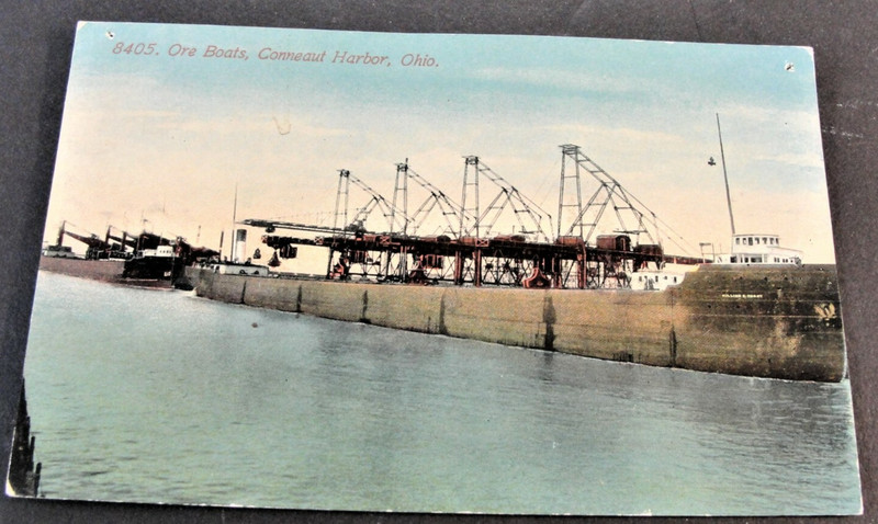 8405-Ore Boat being Unloaded -Conneaut Harbor, Ohio -Unposted 1900s Postcard.