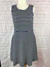 Talbots navy Striped Sleeveless Fit & Flare knit Dress women M nautical beach