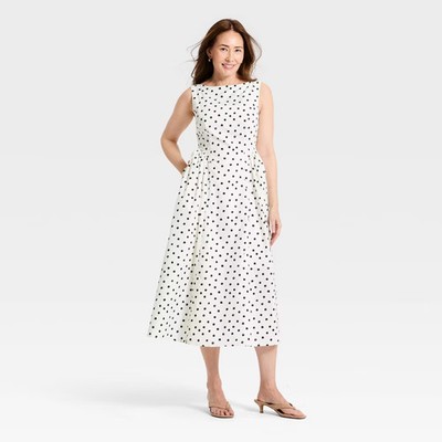 Women Corset Midi A-Line Dress - A New Day White Polka Dots